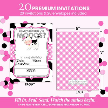 Amanda Creation Cow Birthday Invitations for Girls, 20 Pack 5x7 Fill-In Cow Party Invitations with White Envelopes, Heard the Moos Pink Farm Animal Cards, Made in USA - color: Heard the Moos Pink Cow