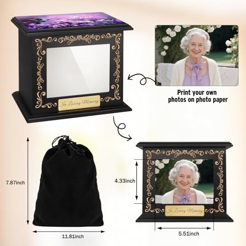 Cremation Urns for Human Ashes Adult Male Female, Hummingbird Memorial Urn with Picture Frame, Wooden Urns Box and Casket for Men Women, Large Funeral Urn for Adults Up to 200 IBS