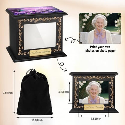 Cremation Urns for Human Ashes Adult Male Female, Hummingbird Memorial Urn with Picture Frame, Wooden Urns Box and Casket for Men Women, Large Funeral Urn for Adults Up to 200 IBS