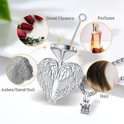 Angel Wings Necklace 925 Sterling Silver Guardian Angel Nurse RN Caduceus Pendant Charm Crystal Angel Jewelry Gifts for Women - style: E-Angel Wings Urn Ashes
