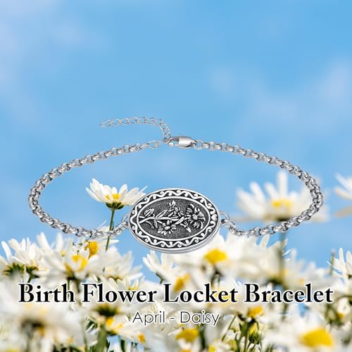 Birth Flower Photo Locket Bracelet 925 Sterling Silver 12 Month Locket Bracelet with Picture Birth Flower Photo Jewelry Gifts for Women Mother Mom Daughter - style: 04-April-Daisy