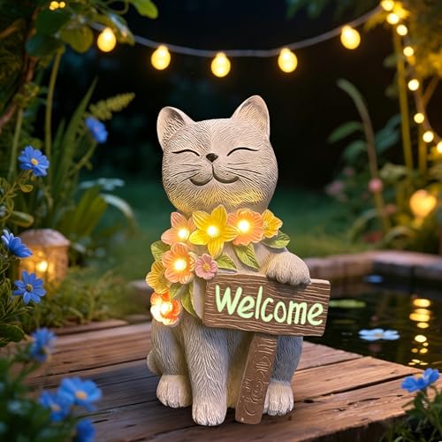 Solar Cat Garden Statue for Outdoor Decor, Cat Solar Light - color: Sitting Cat With Welcome