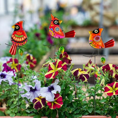 Set of 3 Cardinal Stained Glass Decorative Garden Stakes - color: Cardinal