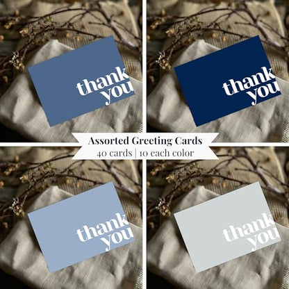 Paper Play Thank You Cards Bulk Pack of 40 Blue, 5x3.5 Inches with Matching Stickers & Envelopes, Minimalistic Design Suitable for Business, Baby Shower, Wedding, Small Business, Graduation, Funeral | 5 x 3.5", Matching Stickers, Suitable for Business, Ba
