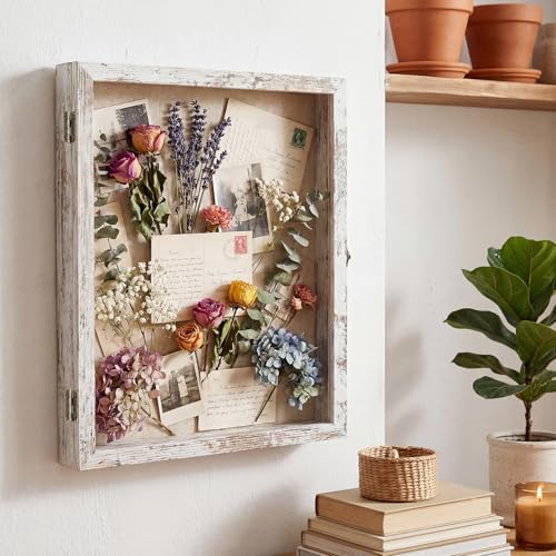 13×16 Shadow Box Frame, Linen Back, Glass Door, Hinge Display Case - color: Rustic White, size: 13×16