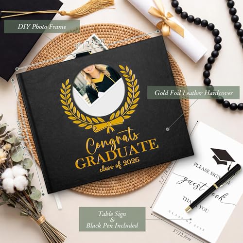 Lanpn Graduation Guest Book Class of 2026 with Pen & Table Sign, Leather Graduation Guest Sign in Books, Graduates Signature Book, Keepsake Memory Books for College High School Grad Party, Black