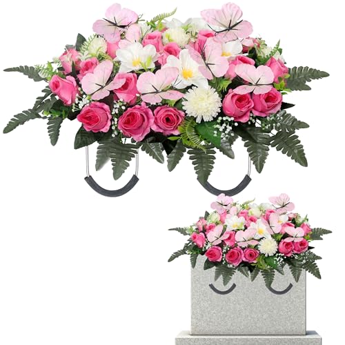 Cemetery Flowers for Grave Large Headstone Flower Saddle Rose & Butterfly Grave Flowers for Cemetery Decoration(Pink) - color: Pink