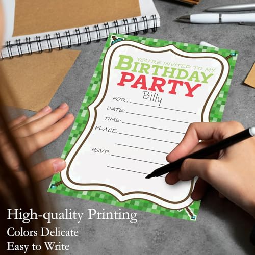Pixel Birthday Invitations for Boys Video Gaming Invites with Envelopes 20 - color: Green Gaming Pixel
