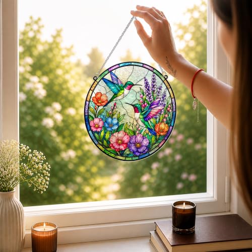 Hummingbirds with Flowers Memorial Suncatcher, 8" Christian Stained Glass Wavy Acrylic, Sympathy Gift for Loss of Loved One, Mom, Dad, Grandma, Family Members, Religious Gifts for Women - color: Hummingbird Round