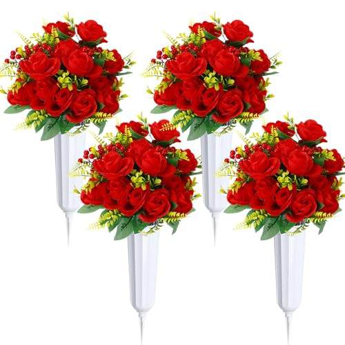 Tigeen 4 Sets Artificial Cemetery Flowers with Vase for Grave,White, Red - color: White, Red
