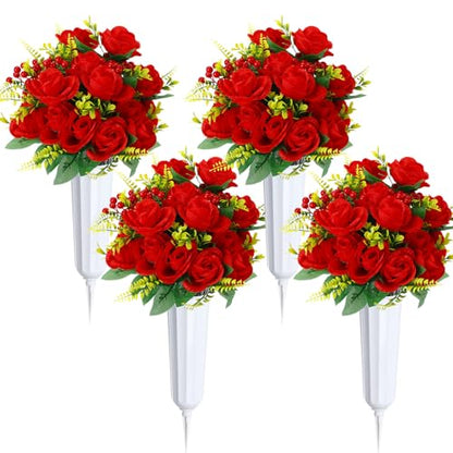 Tigeen 4 Sets Artificial Cemetery Flowers with Vase for Grave,White, Red - color: White, Red