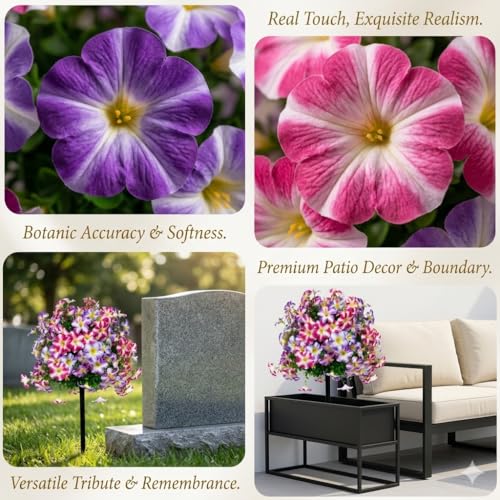 Real Touch Artificial Petunias,140 Premium Outdoor Faux Flowers - color: Pink & Purple