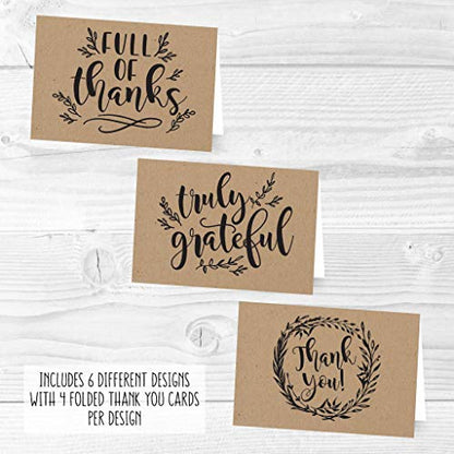 24 Bulk Thank You Cards with Envelopes Blank Cute Thank You Cards | Kraft Black 6 x 4 Appreciation Card for Weddings, Valentines, Anniversary, Small Business, Party Guests, Engagement & Funeral - color: Kraft Black 24 pcs