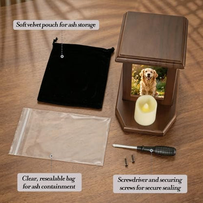 Dletay Pet Urn for Dogs 5.51 Inch with Photo Frame Memorial Small Cremation Urn for Dog Cat Ashes Decorative Pet Ashes Keepsake Memory Box Brown