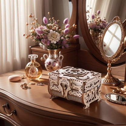 DIY Wooden Music Box Kit 3D Wooden Puzzle for Adults, Mechanical Model Antique Treasure Jewelry Box, Build Your Own Home Decoration Mother's Day Birthday Gift for Women Her