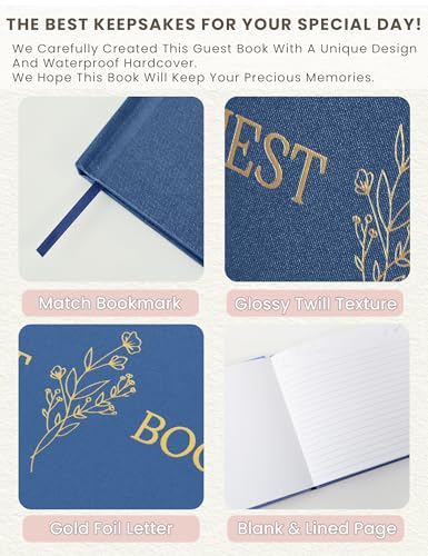 Wedding Guest Book, Polaroid Photo Guestbook for Baby Shower, 9x7.5" | Table Sign Included, Gold Stamping, Twill-Textured Hardcover, Perfect For Bridal Party & Baby Shower, Navy - color: Flower-navy