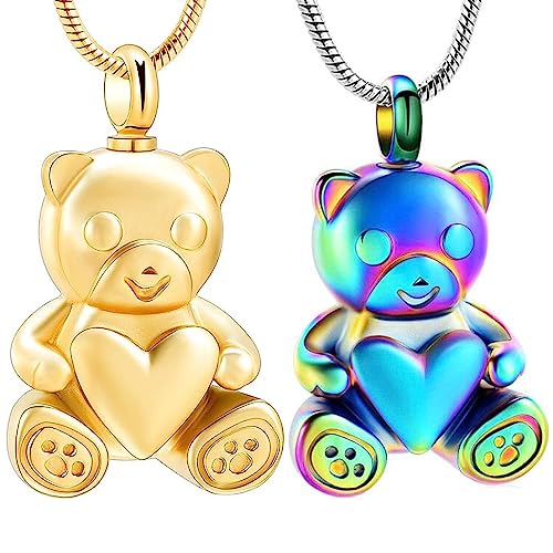 Cremation Jewelry - Teddy Bear Urn Necklace for Men Women with Mini Keepsake Urn Memorial Ash Jewelry - color: Gold&Colorful