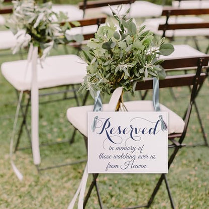 Reserved For Those Watching Over Us From Heaven Memorial Wedding Chair Sign (Navy Ink, Dusty Blue Ribbon) - color: Blue