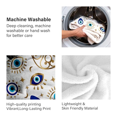 Evil Eye Fleece Flannel Blanket 50x60, Soft Lightweight Cozy Throw Blanket | Blue Evil Eye And Hamsa Hand Design For Home, Dorm, Meditation Rooms, Birthdays, Housewarmings And Spiritual Gifts - color: White