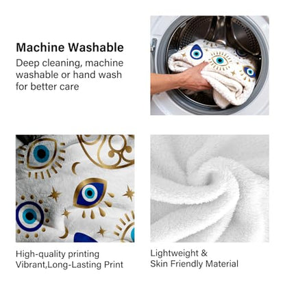 Evil Eye Fleece Flannel Blanket 50x60, Soft Lightweight Cozy Throw Blanket | Blue Evil Eye And Hamsa Hand Design For Home, Dorm, Meditation Rooms, Birthdays, Housewarmings And Spiritual Gifts - color: White