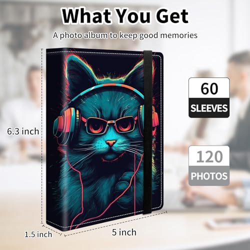 Photo Album 4x6 120 Pockets Photos with Elastic Band, PU Leather Photo Books Small Mini Capacity Picture Album for Family Wedding Anniversary Baby Vacation Pictures,Cat with Headphones Music - color: Cat with Headphones Music