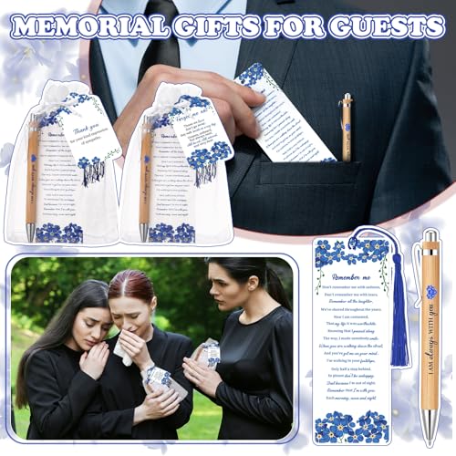 Sayglossy 200 Pcs Blue Flower Funeral Gifts Celebration of Life Gifts Set Memorial Decorations for Sympathy Include 50 Ballpoint Pens 50 Bookmark 50 Poem Cards and 50 Organza Bags - style: Blue Flower