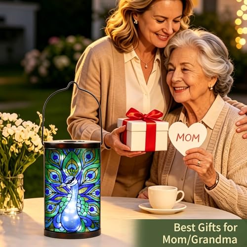 MUMTOP Peacock Glass Solar Lantern Waterproof Outdoor Hanging Garden Light - color: Teal