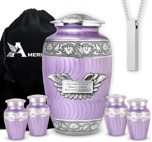 Set of 7 Custom Engraved Plaque with Purple Cremation & Funeral Urns for Ashes for Women & Men - Includes 1 Custom Engraved Large Purple Urn with 4 Small Keepsakes & 1 Necklace - color: Purple Patch Custom Plaque Set