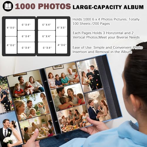 Ruibytree Extra Large Capacity Photo Album 4x6 Pictures 1000 Pockets, Blue | Linen Cover, Horizontal & Vertical 4x6 Photos, Removable Acid-Free Pages, Front Display Window, for Family, Wedding & Travel - color: Blue