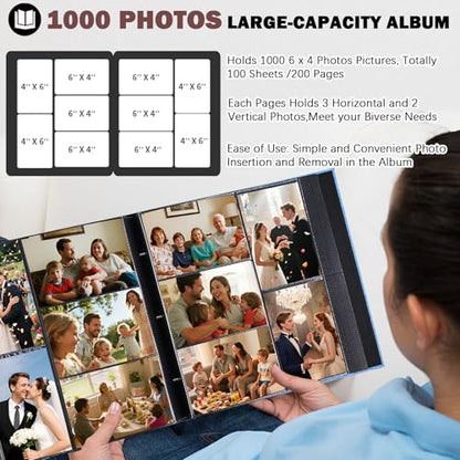 Ruibytree Extra Large Capacity Photo Album 4x6 Pictures 1000 Pockets, Blue | Linen Cover, Horizontal & Vertical 4x6 Photos, Removable Acid-Free Pages, Front Display Window, for Family, Wedding & Travel - color: Blue
