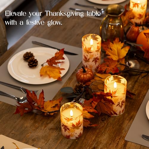 Fall Flameless Candles with Remote, Autumn Maple Leaf Battery Candles | Set of 3 LED Glass Candles with Timer Battery Powered Pillar Candles Thanksgiving Decor Electric Fake Candles Mantel - color: Maple-Glass