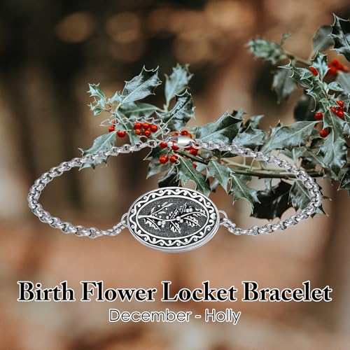 Birth Flower Photo Locket Bracelet 925 Sterling Silver 12 Month Locket Bracelet with Picture Birth Flower Photo Jewelry Gifts for Women Mother Mom Daughter - style: 12-December-Holly-Custom