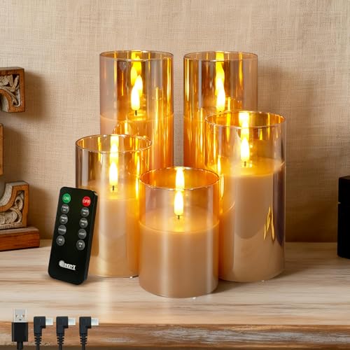 LEDHOLYT Rechargeable Flameless Candles, Realistic Flickering LED Flameless Candles Real Wax Candle with Remote Control and Timer, Gold Glass Electronic Candle, 1 Set of 5（Gold） - color: Rechargeable-Copper wire
