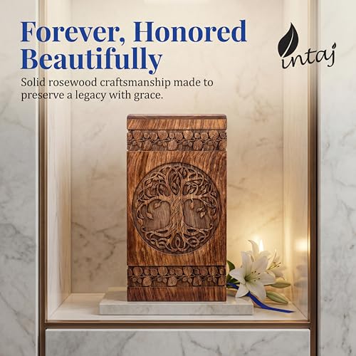 Wooden Cremation Urn for Human Ashes, 250 Cu in, X-Large, Rosewood | Hand-carved solid sheesham rosewood, screw-locked sliding base, engraving available, holds up to 250 lb - color: Rosewood, size: Large - 11.25Hx6.25W (250 Cu/In)