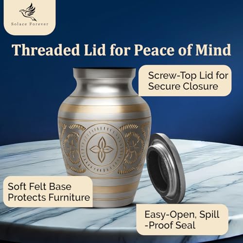 Small Urns for Human Ashes – Brass Hand-Engraved Funeral Keepsake with Elegant Silver Finish – Mini Cremation Memorial for Mom, Dad & Loved Ones - color: Silver
