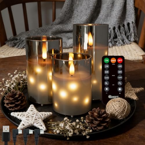 LEDHOLYT Rechargeable Glass LED Flameless Candles, Embedded Star String Flickering Flameless Candles for Romantic Ambiance and Home Decoration with Remote & Timer(Gray) - color: Gray glass flashing light