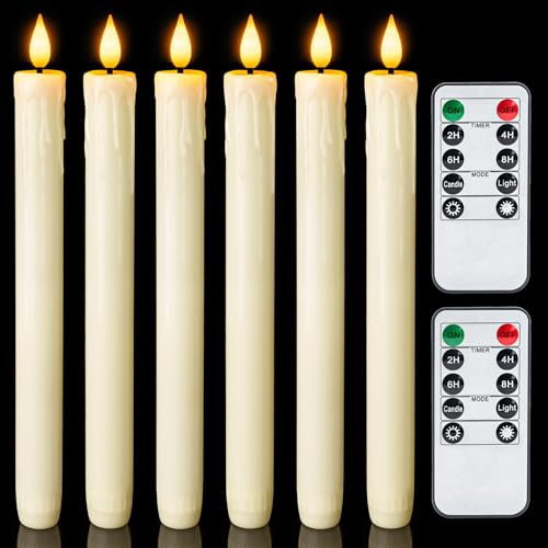 Homemory Real Wax LED Flameless Taper Candles with Remote Timer, 9.6 Inches Ivory Fake Candlesticks, Dripless Battery Operated Window Candle with 3D Flickering Flame for Fireplace Xmas Halloween - color: Ivory, size: 9.6 inch
