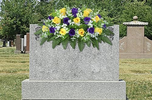 LVXINLI Artificial Cemetery Flowers Saddle-Shaped Tombstone Decorations Non-Fading UV-Resistant（ Yellow+Purple Saddle） - color: Yellow+purple Saddle