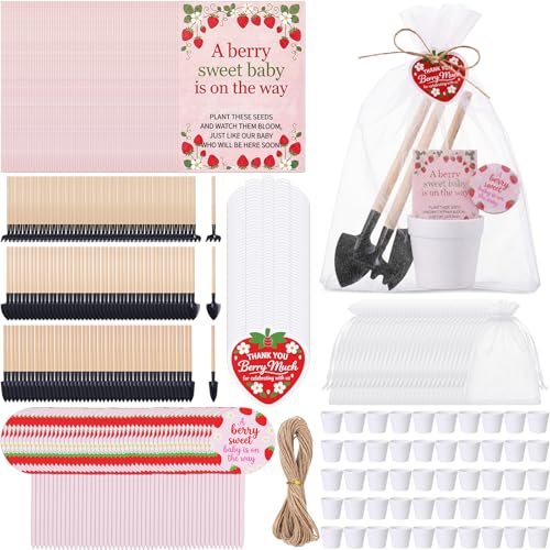 Amyhill 50 Sets Strawberry Baby Shower Favors for Guests Bulk | Seed Packets, Mini Flower Pots, Gardening Tools, for Gender Reveal Birthday Party Thank You Gifts - color: White, size: Baby Shower