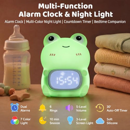 Frog Night Light with Alarm Clock，Frog Gifts with Rechargeable Silicone Lamp Cute Animal Tabletop Lamp, OK to Wake Clock with 9 RGB Color Light, 6 Soothing Sounds, Dual Alarm, for Boys & Girls - style: Frog