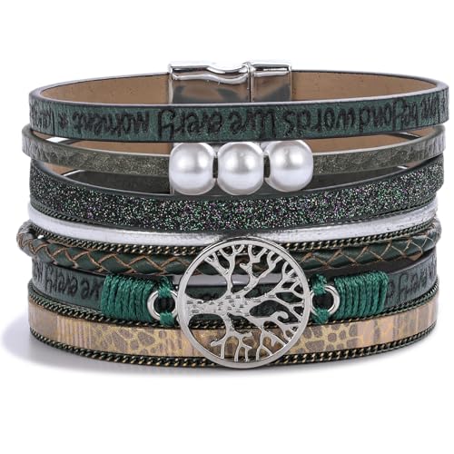 Tree of Life Inspirational Leather Wrap Bracelets Boho Western Cowgirl Cuff - color: Dark Green