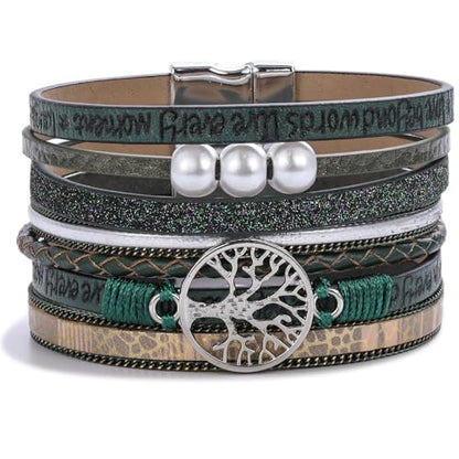 Tree of Life Inspirational Leather Wrap Bracelets Boho Western Cowgirl Cuff - color: Dark Green