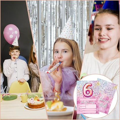 Birthday Invitations - Pink 6th Birthday Invites with Envelopes(25-Count) - Rainbow Foil Fill-in Party Invite Cards for Girls Kids Party Supplies Favors Decorations - A20 - style: Pink 6th