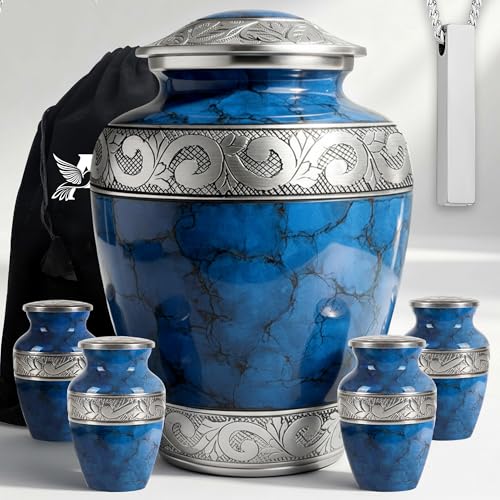 Fire Blue Cremation Urns for Human Ashes – Adult Female and Male Memorial Set of 6 with 1 Large Urn, 4 Keepsake & 1 NecklaceUrn - color: Fire Blue Urn Set