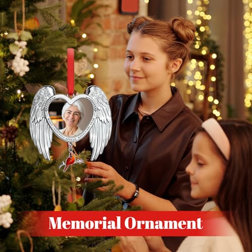 Memorial Christmas Photo Ornaments 2025 Angel Wings Sympathy Gifts for Loss of Loved One - Personalized Cardinal Picture Frame Ornament for Christmas in Heaven Tree Decor