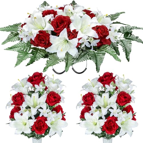 XONOR Artificial Cemetery Flower Saddles, Cemetery Memorial Flowers with Vase for Grave Tombstone Decorations, Lily Rose Headstone Flowers Saddle(1 Saddle 2 Bouquets) - color: White Lily