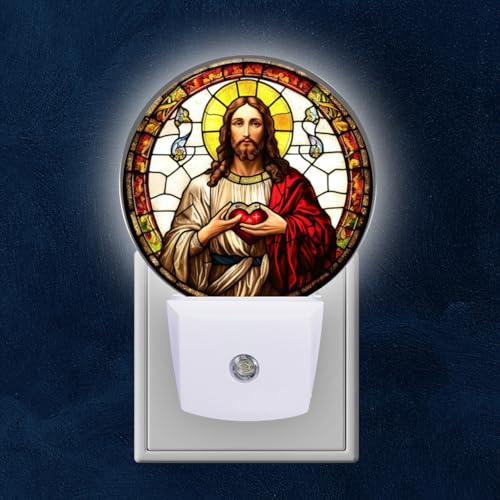 Round LED Night Lights Lamp with Dusk to Dawn Sensor, Jesus Christ with Sacred Heart in Hands Night Light Plug Into Wall for Kids Room, Bedroom, Bathroom, Kitchen, Hallway - color: Jesus Christ with Sacred Heart in Hands, size: Small