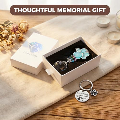 Pet Memorial Suncatcher, Dog Memorial Gifts for Loss of Dog, Sympathy Keepsake for Pet Loss with Stainless Steel Keychain, Cat's Eye Paw Crystal Hanging Ornament