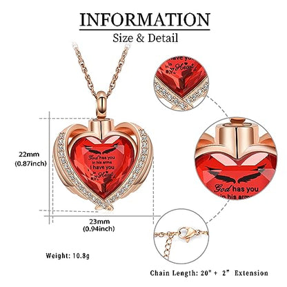 shajwo Angel Wing Heart Urn Ashes Necklace for Women Men | Cremation Jewelry,Birthstone Necklace of Loved One,Memorial Pendant for Human Pet - color: Rose Gold-Red
