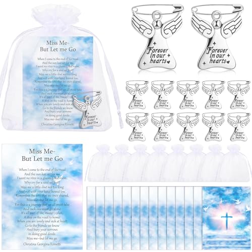 SATINIOR 100 Sets Funeral Favors, Celebration of Life Angel Memorial Pins with Prayer Cards Organza Bags for Memorial Party Supplies Guest Return Funeral Gifts(Angel) - style: Angel